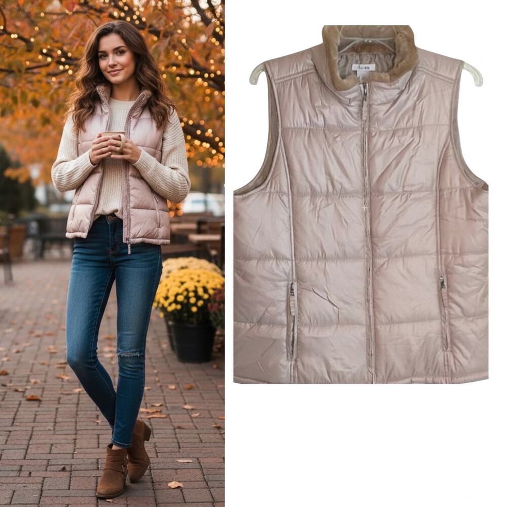 Liz and Company Quilted Puffer Vest Womens L Tan Faux Fur Collar Sleeveless
